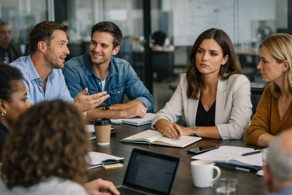 Réunion en entreprise où une femme est ignorée par ses collègues masculins, illustrant une situation de sexisme au travail et de stéréotypes de genre.