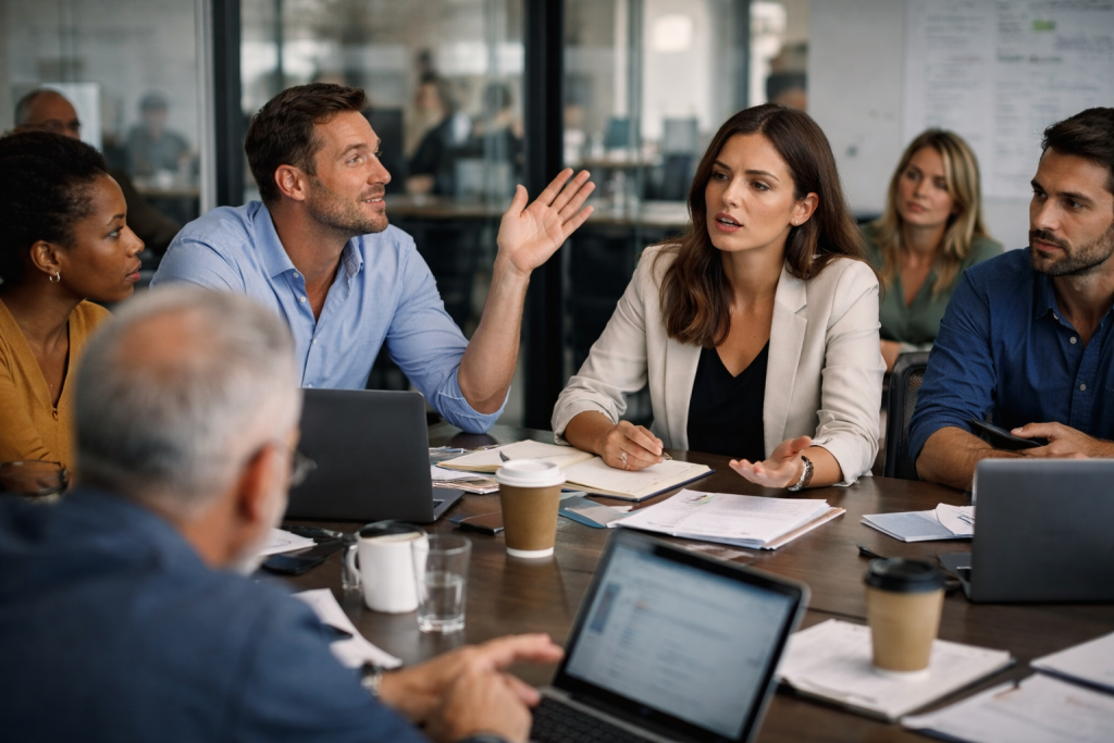 Réunion d’équipe en entreprise illustrant une situation de sexisme ordinaire au travail entre collègues
