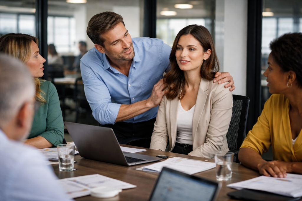 Illustration d’une situation de sexisme bienveillant en réunion d’entreprise où un collègue adopte une attitude paternaliste envers une collaboratrice
