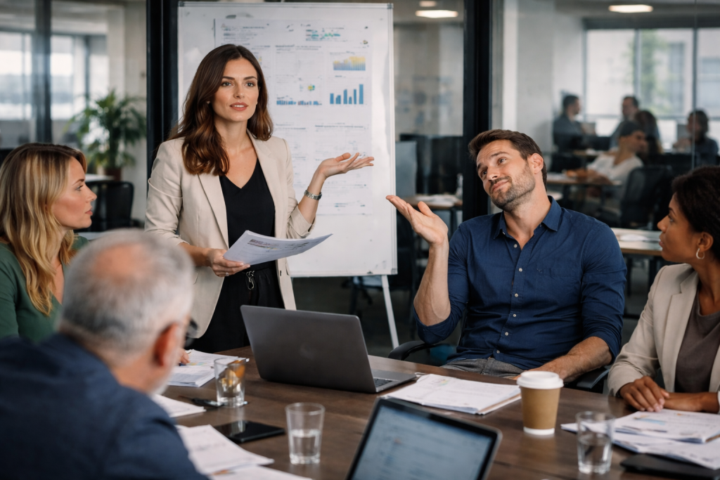 Scène de réunion en entreprise illustrant une situation de sexisme hostile envers une collaboratrice