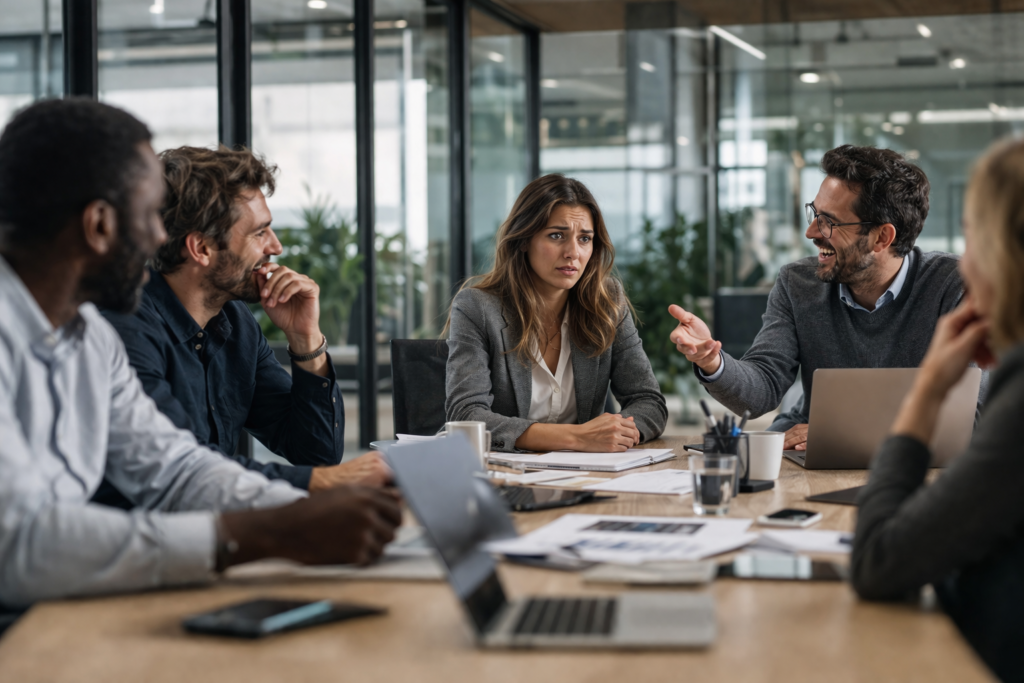 Réunion en entreprise illustrant une situation de sexisme ordinaire au travail, avec une femme rousse mal à l’aise face à des remarques de collègues