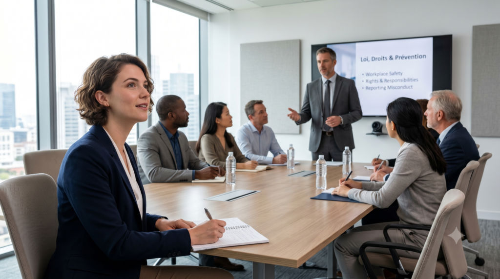 Une salariée attentive prend des notes lors d'une session de sensibilisation sur la loi, les droits et la prévention en entreprise.