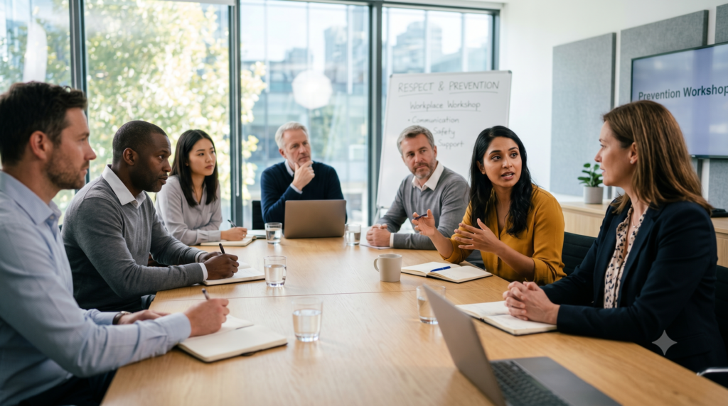 Groupe de collaborateurs réunis dans une salle de réunion lumineuse pour un atelier de formation sur le respect et la prévention du harcèlement au travail.